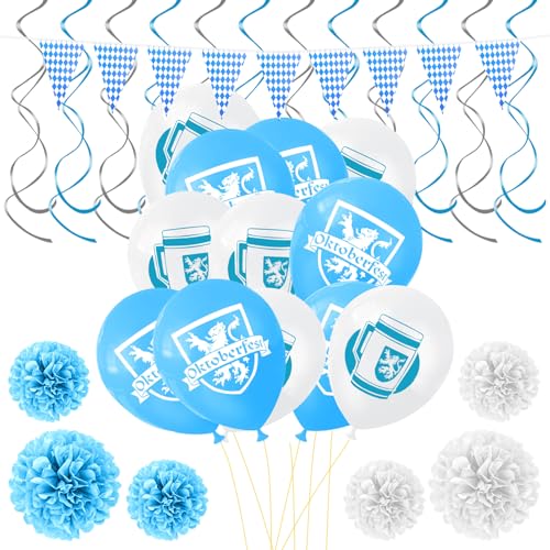 31 Stück Oktoberfest Deko Set, Bayrische Deko, Bierfest Accessoires Mit 3m Wimpelkette Blau Weiss Girlande, 12 Oktoberfest Ballons, 12 Doppelhelix-Deckendekorationen, 6 Papierblumensträuße von GADITIEK