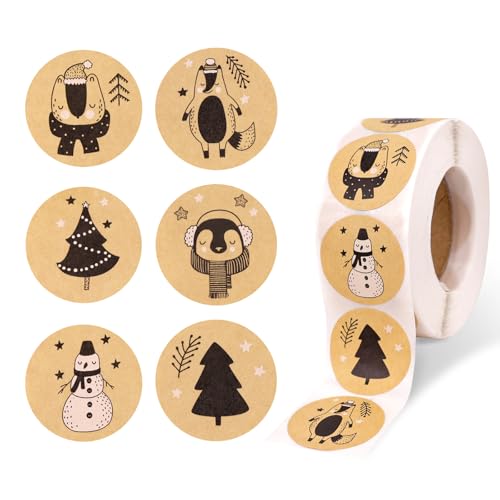 500 Frohe Aufkleber Weihnachten Rolle, Sticker Weihnachten, Weihnachtsaufkleber, Weihnachtssticker, Kraftpapier Selbstklebend Etiketten Rolle, Geschenkaufkleber (6 weihnachtliche Muster) von GADITIEK