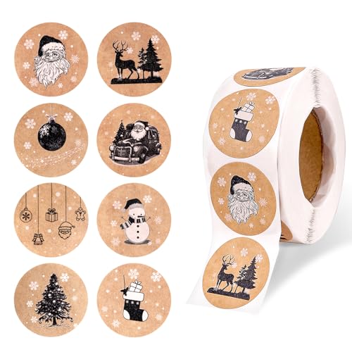 500 Frohe Aufkleber Weihnachten Rolle, Sticker Weihnachten, Weihnachtsaufkleber, Weihnachtssticker, Kraftpapier Selbstklebend Etiketten Rolle, Geschenkaufkleber (8 weihnachtliche Muster) von GADITIEK