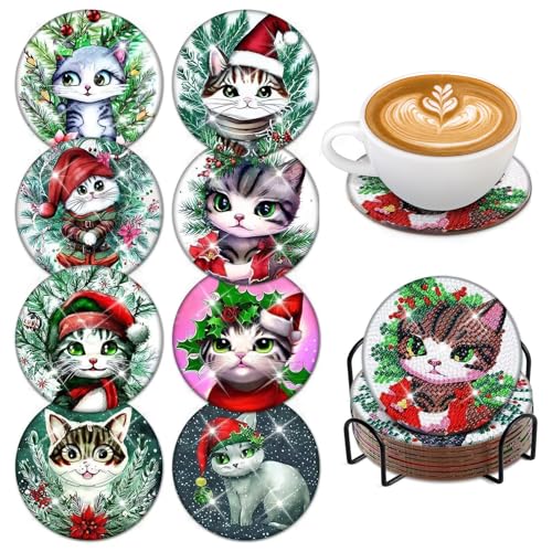 8 Stück Diamond Painting Untersetzer mit Halter, DIY 5D Diamant Painting Katze, Diamond Painting Weihnachten für Erwachsene Anfänger Tassen, Weingläser, Vasen und Heimküche Geschenk (Katze) von GADITIEK