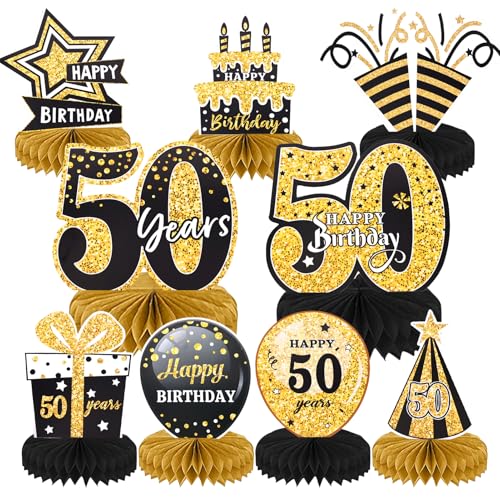 Deko 50 Geburtstag Frau Mann, 9 Stück Bienenwabe Mittelstück Tischdeko 50 Geburtstag Deko, Happy Birthday Deko Schwarz Gold, 50. Geburtstag Deko Party, Geburtstagsdeko 50 Tischdeko Party Zubehör von GADITIEK