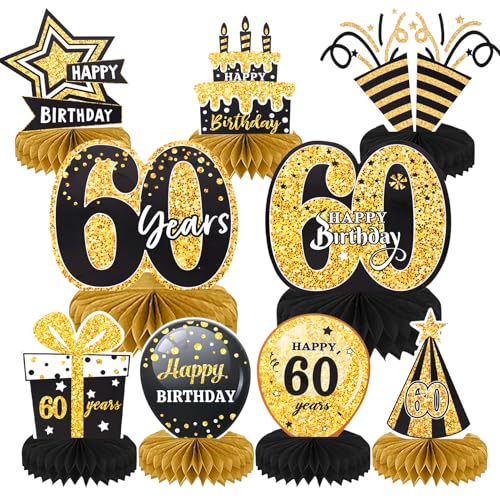 Deko 60 Geburtstag Mann Frau, 9 Stück Bienenwabe Mittelstück Tischdeko 60 Geburtstag Deko, Happy Birthday Deko Schwarz Gold, 60. Geburtstag Deko Party, Geburtstagsdeko 60 Tischdeko Party Zubehör von GADITIEK