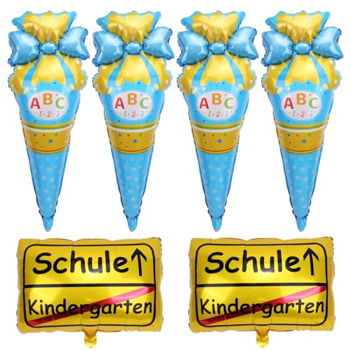 Deko Einschulung Mädchen Jungen, Schulanfang Deko mit 2 Stk Gold Heliumballon Folien Luftballon+4 Stk Zuckertüten Luftballon Folienballon Geschenk für Schuleinführung Schultüte Schulkind 2024 (Blau) von GADITIEK