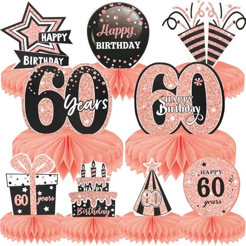 GADITIEK Deko 60 Geburtstag Mann Frau, 9 Stück Bienenwabe Mittelstück Tischdeko 60 Geburtstag Deko, Happy Birthday Deko Rosegold, 60. Geburtstag Deko Party, Geburtstagsdeko 60 Tischdeko Party Zubehör von GADITIEK