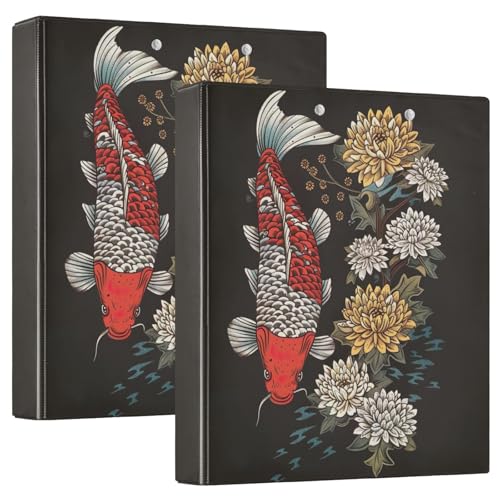 3-Ringbuch mit Koi-Fischen mit Blumen, 3,8 cm, für College, 3-Ringbücher mit Taschen, 2 Stück von GAIREG