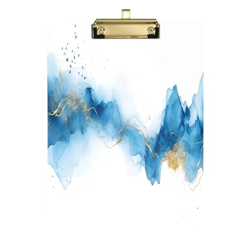 Abstraktes blau-goldenes Aquarell-Acryl-Klemmbrett, flaches Klemmbrett für Lehrer, A4, Briefgröße, 31,8 x 22,9 cm, goldfarbener Clip von GAIREG