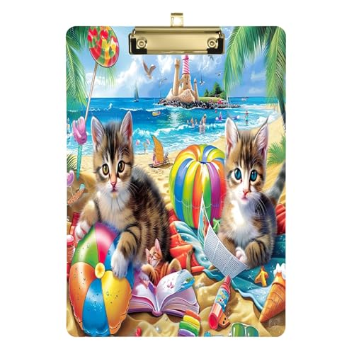 Acryl-Klemmbrett mit Katze am Sommerstrand, Acryl-Klemmbrett für Klassenzimmer, Büro, Krankenpflege, A4, Briefgröße, 31,8 x 22,9 cm, goldfarbener Clip von GAIREG