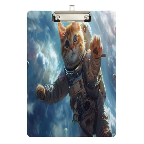 Acryl-Klemmbrett mit niedlicher Katze, Astronaut im Weltraum, niedriges Profil-Klemmbrett für Kinder, A4, Briefgröße, 31,8 x 22,9 cm, silberfarbener Clip von GAIREG