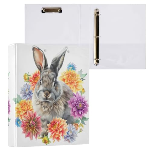 Aquarell-Hase, buntes Blumenmuster, niedliches 3-Ringbuch, 3,8 cm, D-Ringbuch von GAIREG