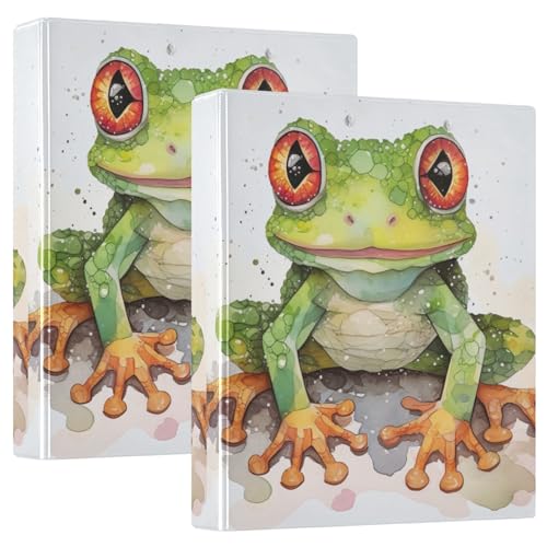 Aquarell-Ordner mit Frosch-Cartoon, 3,8 cm, 3 Ringe, niedliches Schulbedarf, 3 Ringbücher mit Taschen, 2 Stück von GAIREG