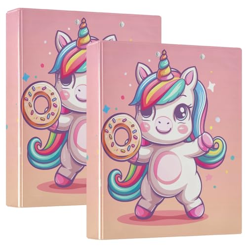 Cartoon-Einhorn- und Donut-Ordner, 3,8 cm, 3-Ringbuch mit Taschen, 3,8 cm, 2 Stück von GAIREG