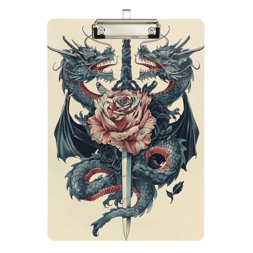 Dragons Wrapped Around Rose Clipboards, Acrylic Clipboards for Medical Assistant, A4 Letter Size 12.5 x 9 Inches Silver Clip von GAIREG