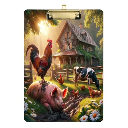 Farmhouse Hahn, Schwein, Kuh, Acryl-Klemmbretter für Kinder, A4, Briefgröße, 31,8 x 22,9 cm, goldfarbener Clip von GAIREG