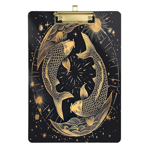 Goldene Koi-Fische auf dunklem Acryl-Klemmbrett, flaches Klemmbrett für Klassenzimmer, Büro, Krankenpflege, A4, Briefgröße, 31,8 x 22,9 cm, goldfarbener Clip von GAIREG