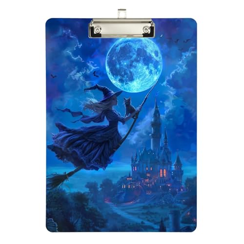 Halloween Hexe Katze Mond Acryl Klemmbrett Low Profile Klemmbretter für Lehrer, A4 Briefgröße 12,5 x 9 Zoll Silber Clip von GAIREG