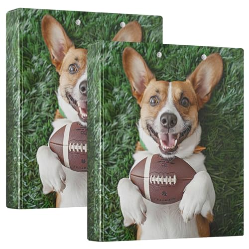 Happy Dog Holding American Football 3-Ringbuch 3,8 cm Ordner für Schule, ästhetische 3-Ringbücher mit Taschen, 2 Stück von GAIREG