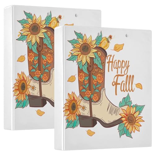 Happy Fall Boho Cowboy Boot Sunflower 3-Ringbücher 3,8 cm Ordner für Mittelschule Jungen 3 Ringbücher mit Taschen 2 Stück von GAIREG