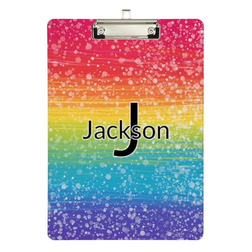 Individuelles Monogramm-Glitzer-Regenbogen-Klemmbrett aus Acryl mit personalisiertem Namen-Klemmbrett für Kinder, A4, Briefgröße von GAIREG