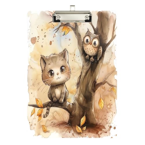 Klemmbrett mit Katze und Eule im Baum, flaches Klemmbrett für Klassenzimmer, Büro, Krankenpflege, A4, Briefgröße, 31,8 x 22,9 cm, silberfarbener Clip von GAIREG