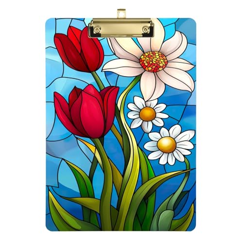 Lilien- und Tulpen-Klemmbretter mit Buntglas-Muster, flache Klemmbretter für Klassenzimmer, A4, Briefgröße, 31,8 x 22,9 cm, goldfarbener Clip von GAIREG