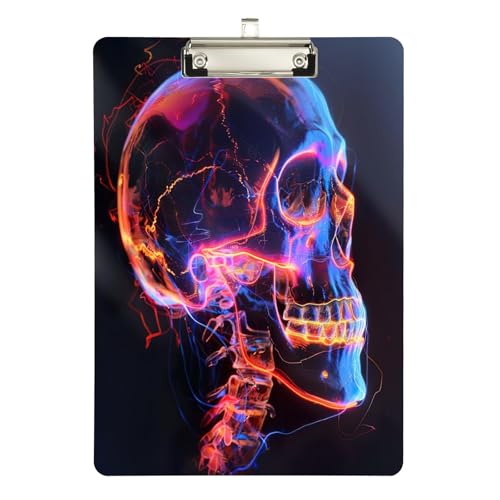 Neon-Totenkopf-Klemmbretter auf dunklem Clipboard, Acryl-Fußball-Klemmbrett für Trainer, A4, Briefgröße 31,8 x 22,9 cm, silberfarbener Clip von GAIREG