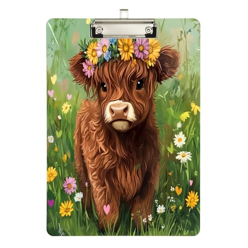 Niedliche Highland-Kuh auf Gras-Klemmbretter, niedriges Profil, Fußball-Klemmbrett für Trainer, A4, Briefgröße, 31,8 x 22,9 cm, silberfarbener Clip von GAIREG