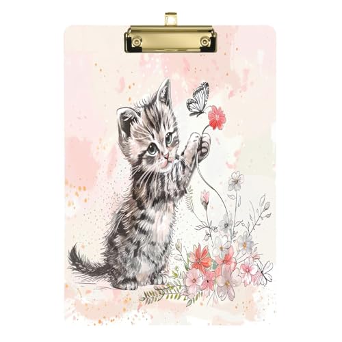 Niedliche Katze, die mit Blumen spielt, Acryl-Klemmbrett, niedriges Profil-Klemmbrett für Kinder, A4, Briefgröße, 31,8 x 22,9 cm, goldfarbener Clip von GAIREG