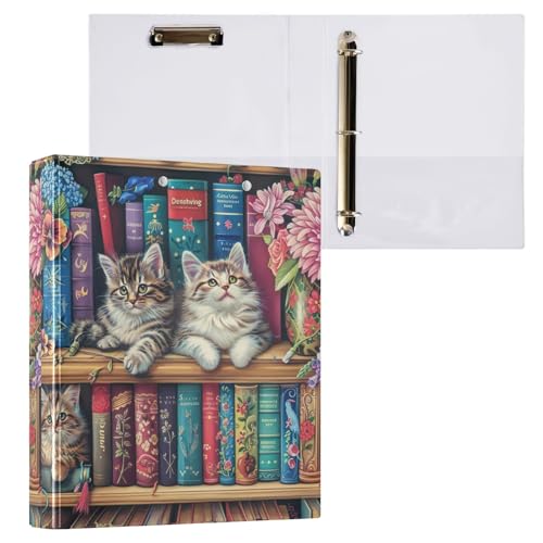 Niedliche Katzen auf Bücherregal, 3-Ringbuch, 3,8 cm, Ordner für Schule, ästhetisch, 3-Ringbücher mit Taschen von GAIREG