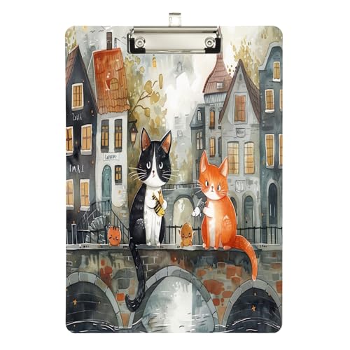 Niedliche Katzen sitzen auf Brücke Acryl-Klemmbrett Acryl-Klemmbrett für Künstler, A4 Briefgröße 31,8 x 22,9 cm, silberner Clip von GAIREG