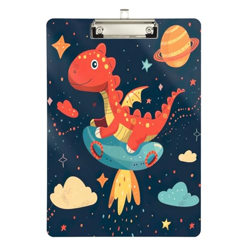 Niedliche rote Dinosaurier-Klemmbretter fliegen im Weltraum, Acryl-Klemmbretter für Büro, A4, Briefgröße, 31,8 x 22,9 cm, silberfarbener Clip von GAIREG