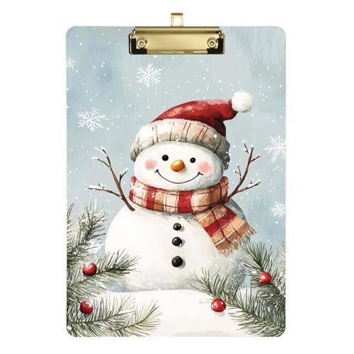 Niedlicher Schneemann mit Hut, Acryl-Klemmbrett, flache Klemmbretter für Kinder, Studenten, Krankenschwestern, Trainer, Lehrer, A4, Briefgröße, 31,8 x 22,9 cm, goldfarbener Clip von GAIREG