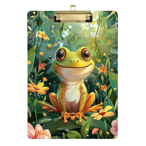 Niedliches Cartoon-Klemmbrett aus Acryl, sitzender Frosch, niedriges Profil, hübsche Klemmbretter für Frauen, A4, Briefgröße, 31,8 x 22,9 cm, goldfarbener Clip von GAIREG