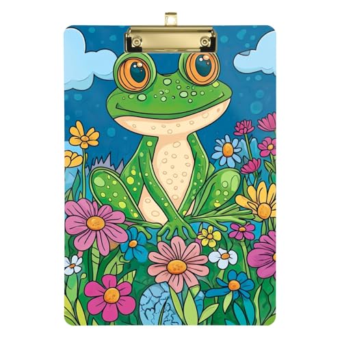 Niedliches Frosch-Cartoon-Blumen-Klemmbrett, Acryl-Klemmbretter für Medizinstudenten, A4, Briefgröße, 31,8 x 22,9 cm, goldfarbener Clip von GAIREG