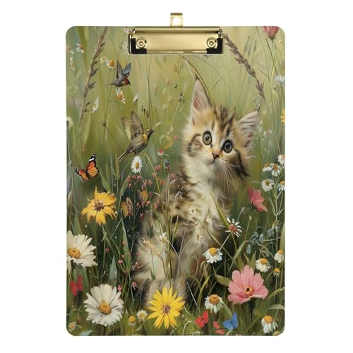 Niedliches Kätzchen-Klemmbrett mit Vögeln, florales Acryl, flaches Profil-Klemmbrett für Büro, A4, Briefgröße, 31,8 x 22,9 cm, goldfarbener Clip von GAIREG