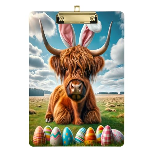 Niedliches Klemmbrett für Ostern, Hochlandkuh, niedriges Profil-Klemmbrett für Kinder, A4, Briefgröße, 31,8 x 22,9 cm, goldfarbener Clip von GAIREG