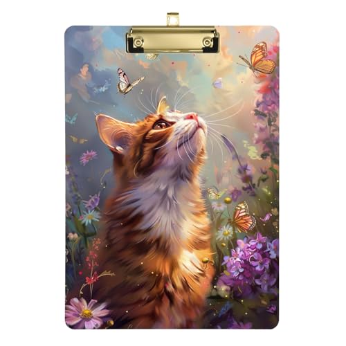 Niedliches orangefarbenes Katzen-Blumen-Klemmbrett, niedriges Profil-Klemmbrett für Kinder, A4-Briefgröße, 31,8 x 22,9 cm, goldfarbener Clip von GAIREG