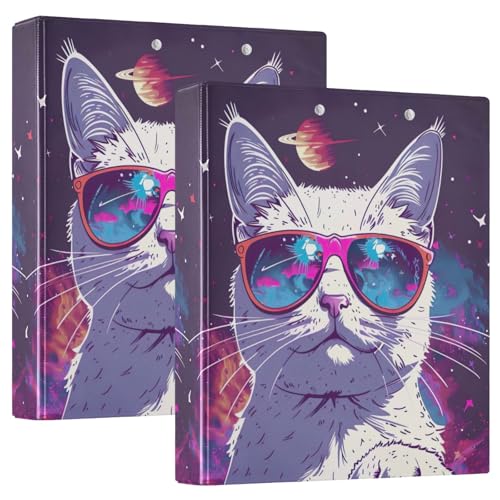 Ringbuch mit 3 Ringen, Motiv: süße Katze auf violettem Galaxy, 3,8 cm, für 200 Blatt, College-Binder, 2 Stück von GAIREG