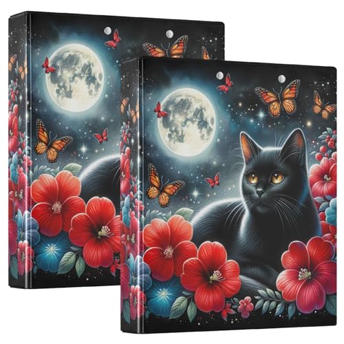 Summer Night Cat and Moon 3-Ringbuch, 3,8 cm, dekorativ, hält 200 Blatt, runde Ringe für Mädchen, 2 Stück von GAIREG