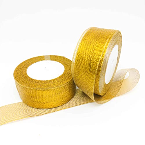 GAKA FAVOR Geschenkband Gold Glitzer 40mm x 22 Meters (2 Rollen), Schleifenband Bänder Organzaband breit, Stoffband für Hochzeit, Weihnachten und Geburtstag Geschenke von GAKA FAVOR