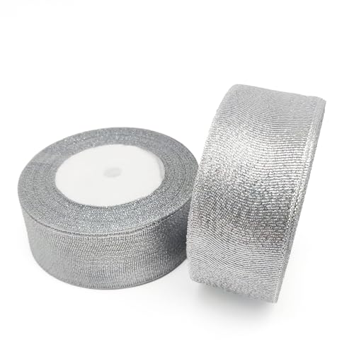 GAKA FAVOR Geschenkband Silber Glitzer 40mm x 22 Meters (2 Rollen), Schleifenband Bänder Organzaband breit, Stoffband für Hochzeit, Weihnachten und Geburtstag Geschenke von GAKA FAVOR