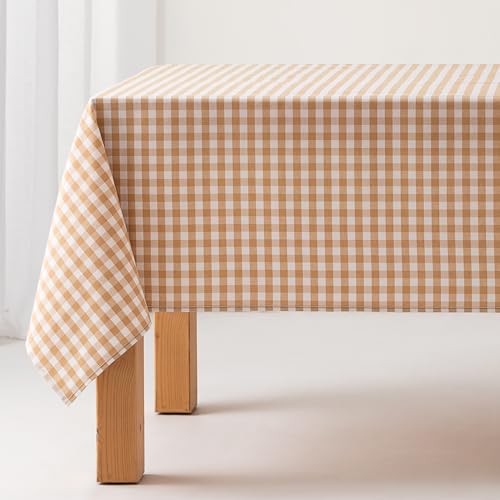 GAMUSI Tischdecke, schmutzabweisend, quadratisch, Vichy-Muster, Baumwolle, wasserdicht, 140 x 140 cm, Beige von GAMUSI