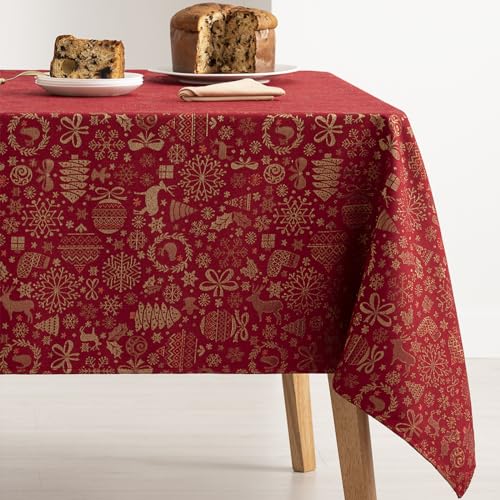 GAMUSI Tischdecke für Weihnachten, Jacquard, Goldfaden, Esstisch, rechteckig, Weihnachtsdekoration, 140 x 200 cm, Rot von GAMUSI