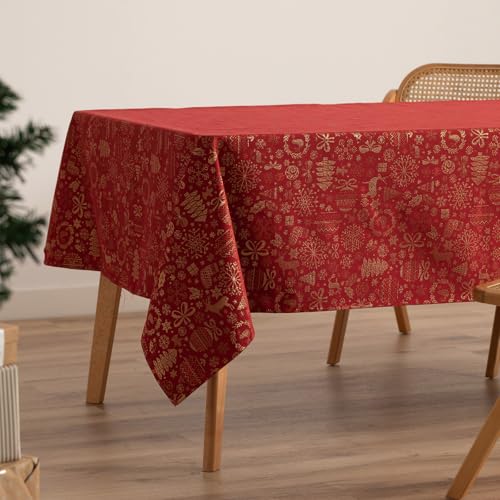 GAMUSI Tischdecke für Weihnachten, Jacquard, Goldfaden, Esstisch, rechteckig, Weihnachtsdekoration, 140 x 200 cm, Rot von GAMUSI