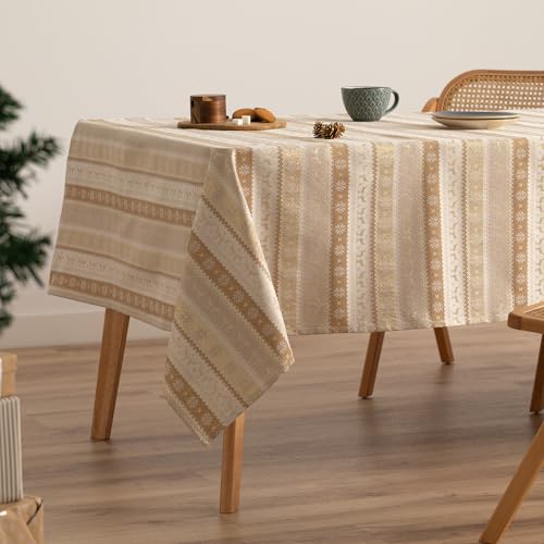 GAMUSI Tischdecke für Weihnachten, Jacquard, Goldgarn, Esstisch, quadratisch, Weihnachtsdekoration, 140 x 140 cm, Beige/Gold von GAMUSI