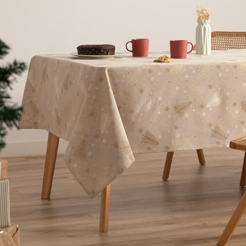 GAMUSI Tischdecke für Weihnachten, Jacquard, Goldgarn, Esstisch, rechteckig, Weihnachtsdekoration, 140 x 100 cm, Beige/Gold von GAMUSI