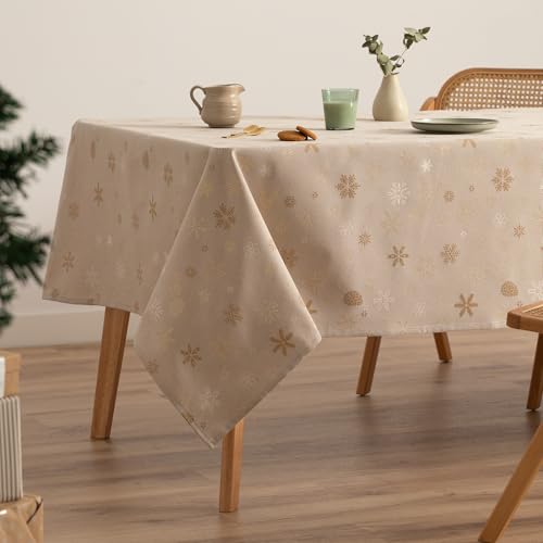 GAMUSI Tischdecke für Weihnachten, Jacquard, Goldgarn, Esstisch, rechteckig, Weihnachtsdekoration, 140 x 100 cm, Beige/Gold von GAMUSI