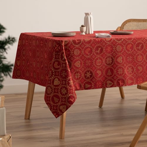 GAMUSI Tischdecke für Weihnachten, Jacquard, Goldgarn, Esstisch, rechteckig, Weihnachtsdekoration, 140 x 100 cm, Rot von GAMUSI