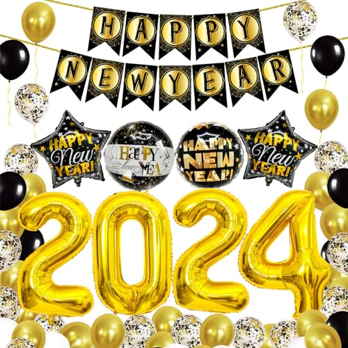 GAOSHA 2024 Neujahr Party Dekoration Set Happy New Year Ballon Zubehör Foto Requisiten mit Banner Zahlenballon von GAOSHA