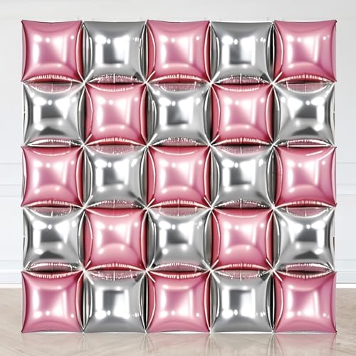 Silber-rosa quadratische Folienballons Geburtstag Wand Hintergrund 25 Stück doppelseitig kariert Helium Mylar Silber Rosa Ballonbogen Kit für Mädchen Jahrestag Geburtstag Party Babyparty Dekorationen von GAOTU