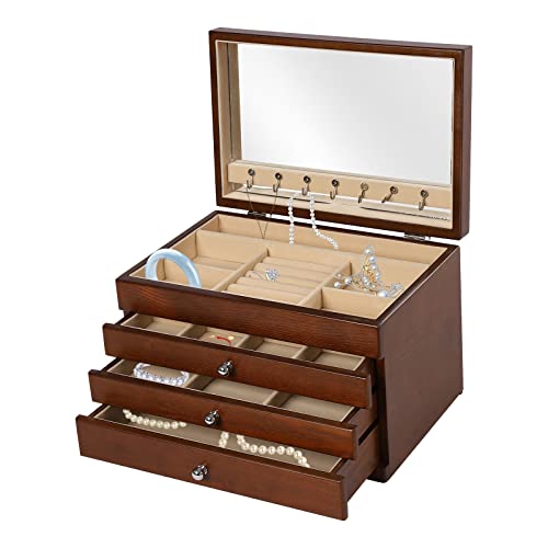 GAOUSD Schmuckschatulle mit 4 Ebenen, mit 3 Schubladen und Spiegel, Aufbewahrungsbox für Schmuck aus Holz, Schmuckbox, zur Aufbewahrung von Ringen, Schmuck, Haar-Accessoires, Ohrringen von GAOUSD